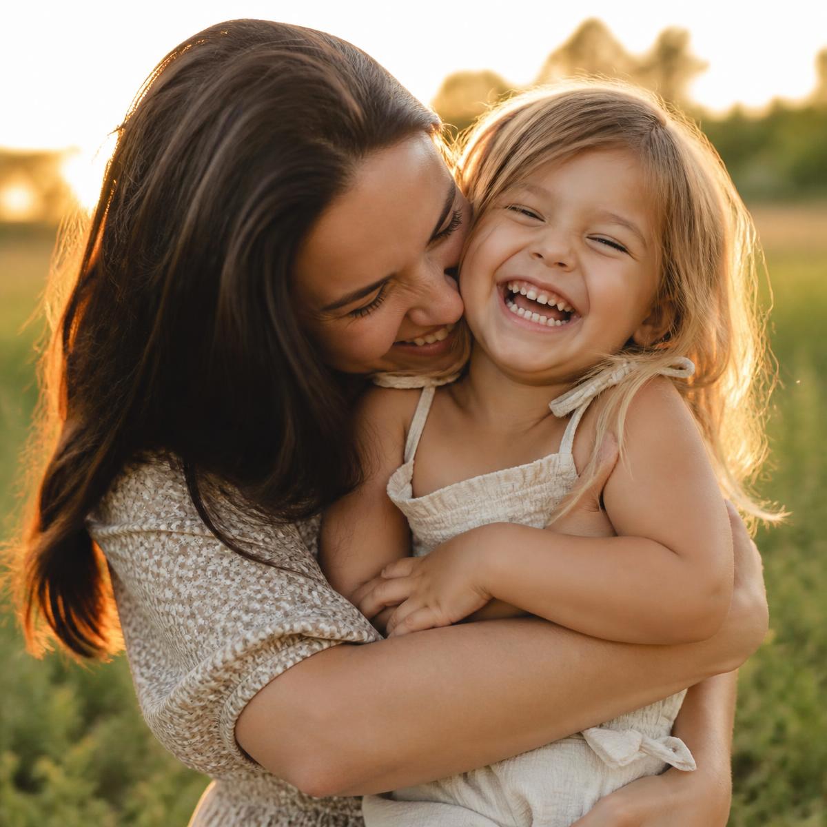 A parent laughing while hugging their young child outdoors at golden hour